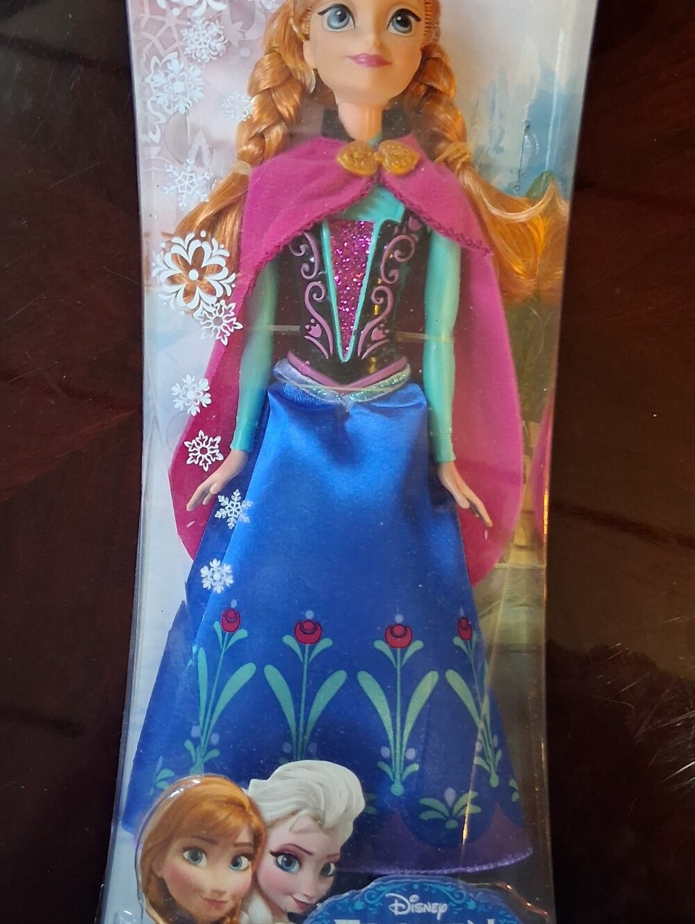 Disney Anna-Style Doll with Pink Cape and Blue Skirt